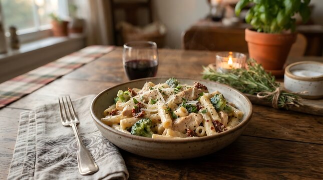 A bowl of delicious flame-chicken broccoli ziti served on a rustic wooden dining table with a glass of red wine and cozy candlelight in a warm home setting.