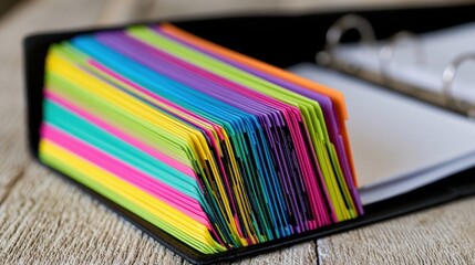 Fototapeta premium Open black binder with multicolored divider tabs on wooden table