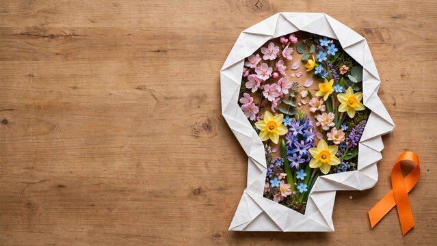 A wooden background features an origami head decorated with flowers, representing ADHD awareness