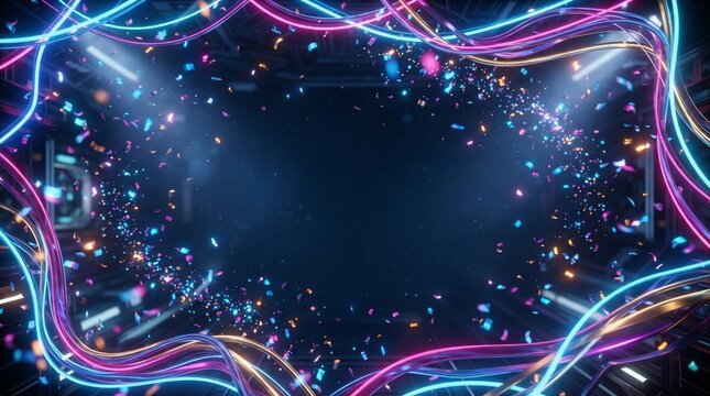 Vibrant neon lights and confetti frame with spotlight and copy space
