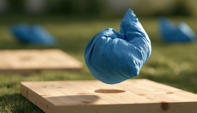 Blue bean bag tossed in midair above a wooden lawn game board outdoors
