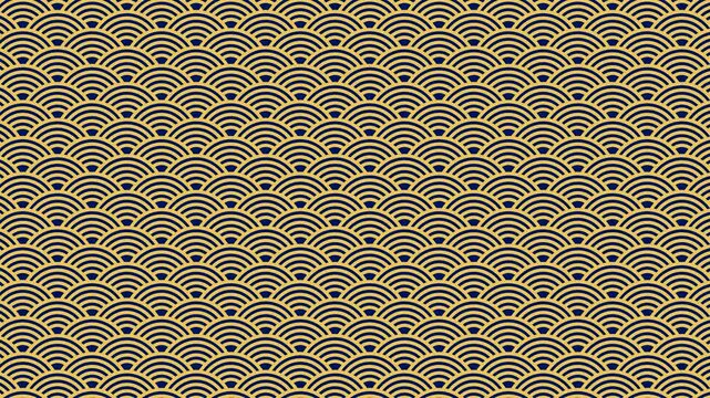 Abstract navy blue and gold seigaiha wave scale pattern, seamlessly animated moving upward. Elegant geometric Japanese-inspired texture, perfect for luxury branding, backgrounds, and motion graphics.