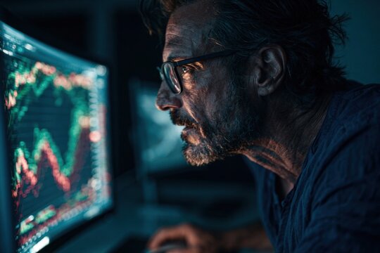 Focused man with glasses analyzing complex financial charts on multiple monitors