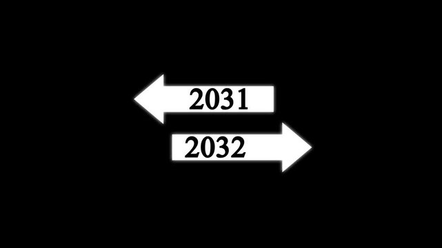 Minimal year transition concept showing directional arrows from 2031 to 2032 on a black background. Represents new year, future planning, timeline, change, progress, transition, goals, business growth