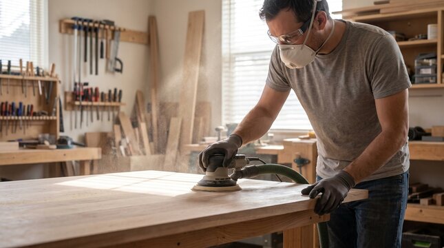 Carpenter sanding a wooden table in a workshop with dust flying around and tools on the wall