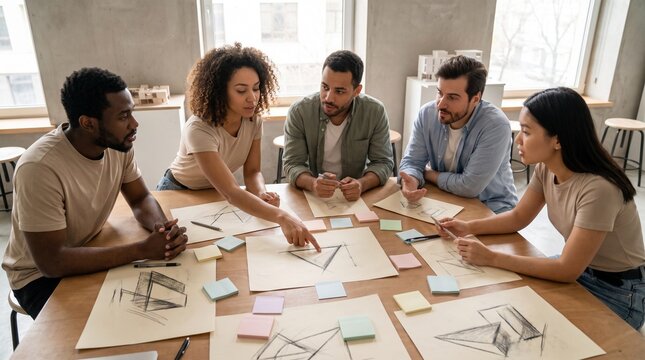 Diverse team of architects collaborating on a design project around a table with sketches and blueprints