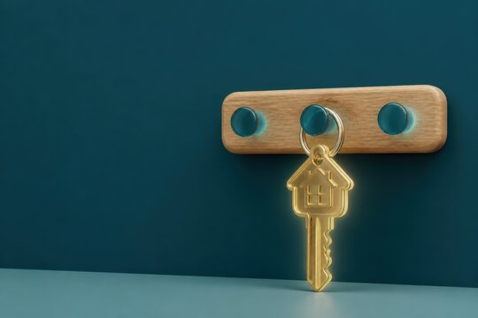 House key hanging on wall hook in teal 3D render