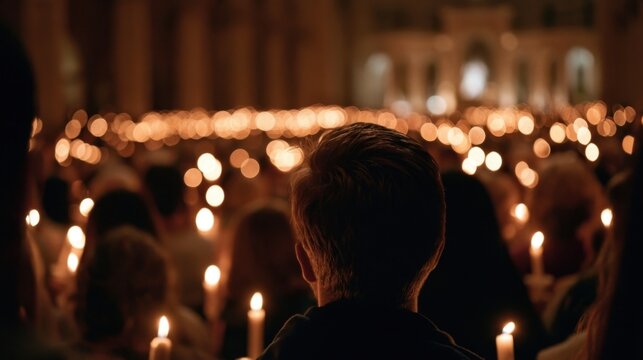 Silhouette of person watching candlelight vigil in church