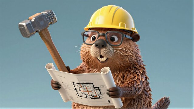 Funny beaver in hard hat holds hammer and blueprint, ready for construction work.