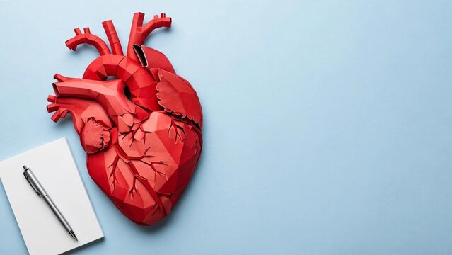 A red heart cutout rests on a blue surface next to a pen and notepad, highlighting SCA awareness and cardiac emergencies