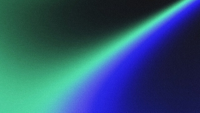 Grain noise abstract background with smooth diagonal gradient transition from mint green to vivid deep blue, dark shadow areas, grainy film texture, copy space for design projects. 