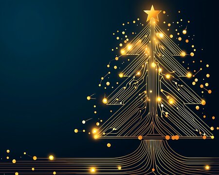 Modern Christmas Tree Design with Lights and Star on Dark Background