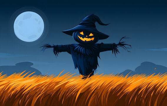 Vector illustration of a Halloween pumpkin scarecrow set against a vast expanse of land under a moonlit, ominous sky