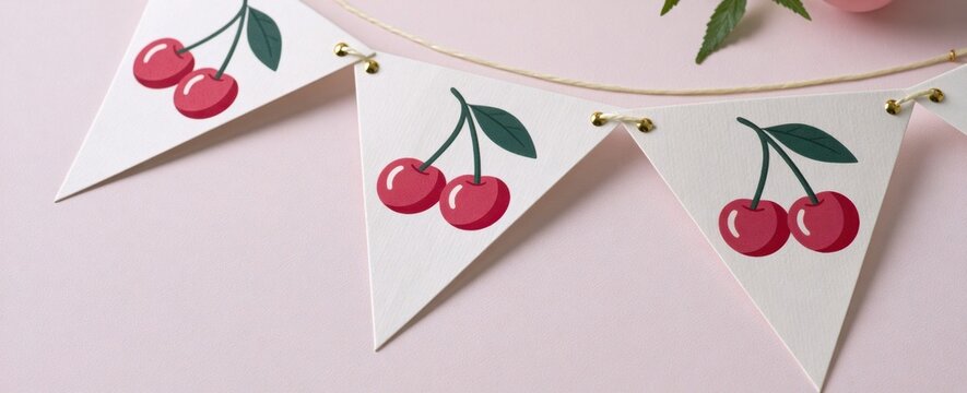 Festive cherry-themed bunting with red fruits and green leaves on white triangular flags
