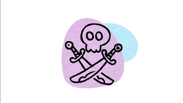 An animated hand-drawn human skull set over two crossed cutlass swords. Great for pirate emblems, danger warnings, corsair insignia, Halloween graphics, and fantasy battle symbols. 