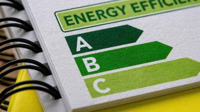 Close-up view of an energy efficiency rating label with green a, b, and c grade bars on a spiral-bound notebook