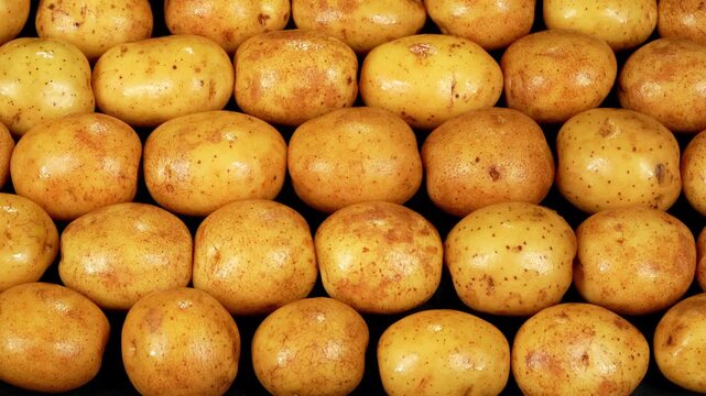 Camera dolly motion over rows of fresh raw yellow organic potatoes.