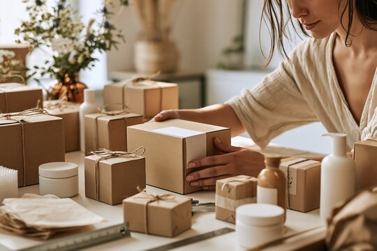 Small skincare business owner selects shipping box for customer order at bright packing table Generative AI