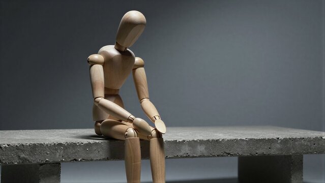 Wooden figure sits alone on bench, head bowed in quiet contemplation.