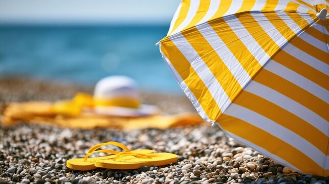 Yellow striped beach umbrella and flip-flops on a sunny pebbly shore with ocean view