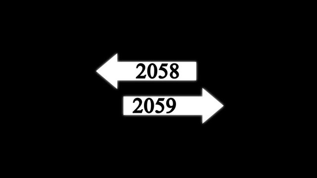 Minimal year transition concept showing directional arrows from 2058 to 2059 on a black background. Represents new year, future planning, timeline, change, progress, transition, goals, business growth