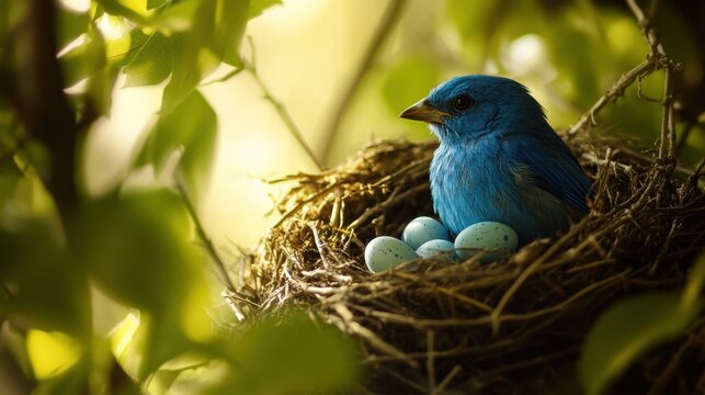 Blue Bird Guarding Nest with Eggs Surrounded by Green Foliage