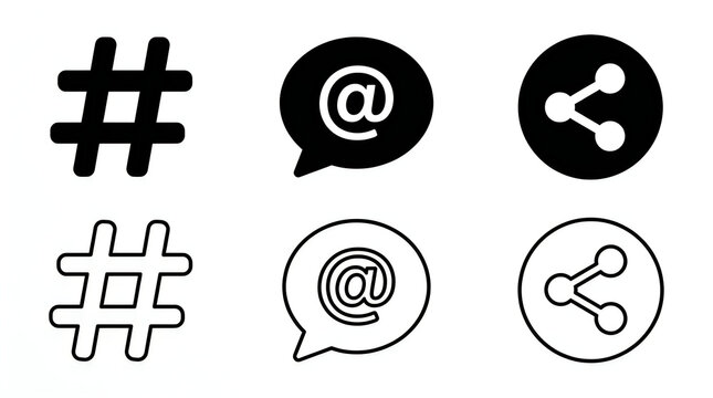 Social media icons set with hashtag and share symbols