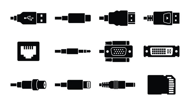 Computer cable and connector icons black silhouettes isolated.