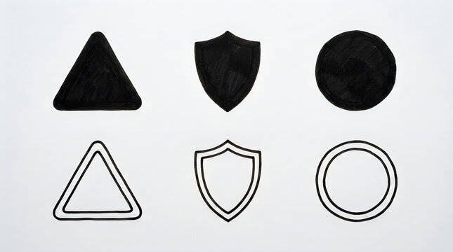 Black and white shield triangle circle icon set