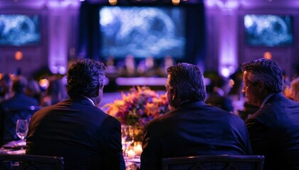 Fototapeta premium Back view of three men in dark suits at a formal dinner event with stage and audience