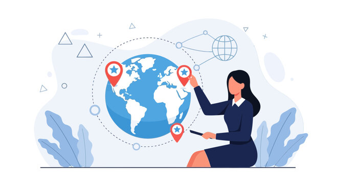 Businesswoman interacting with global network, illustrating international business, logistics, and travel destinations.