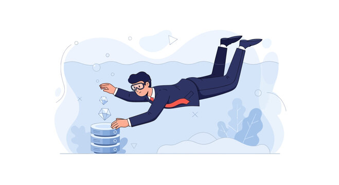 Businessman diving for diamonds on stacked data servers underwater, concept of data mining and digital assets.