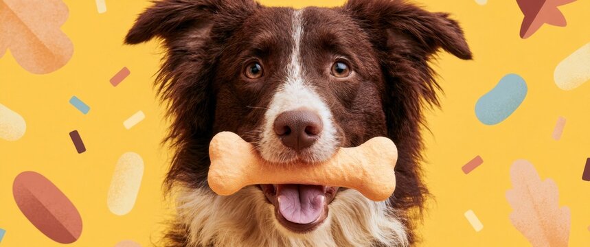 Brown and white border collie dog holding a yellow dog bone toy in its mouth against a festive yellow with confetti shapes