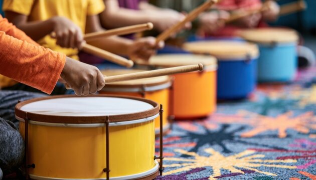 Children playing drums together in a group drumming session
