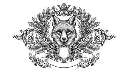 Naklejka premium Vintage Heraldic Fox Head Emblem with Crown and Oak Leaf Wreath Illustration