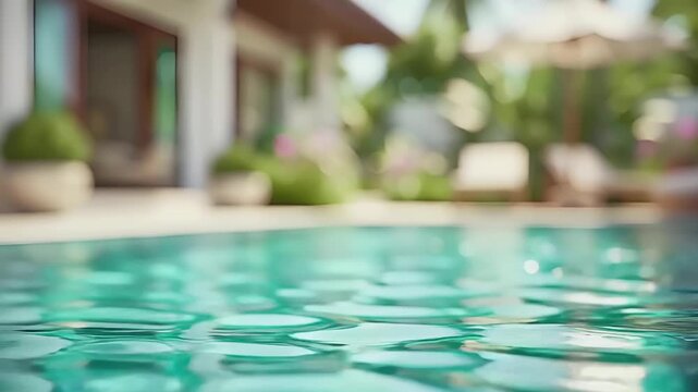 Summer hot vibe lifestyle. A closeup shot of a swimming pool with clear, vibrant turquoise water reflecting the surrounding environment. The pools surface is rippled with ripples.