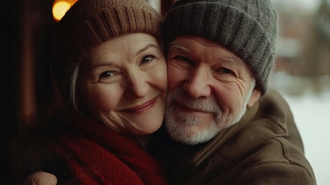 Happy elderly couple embracing in cozy winter setting with smiles