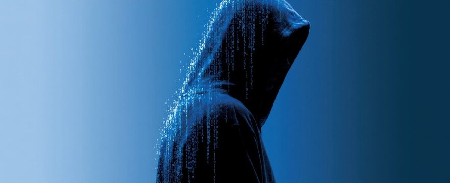 Mysterious hooded figure in dark digital rain with blue tones