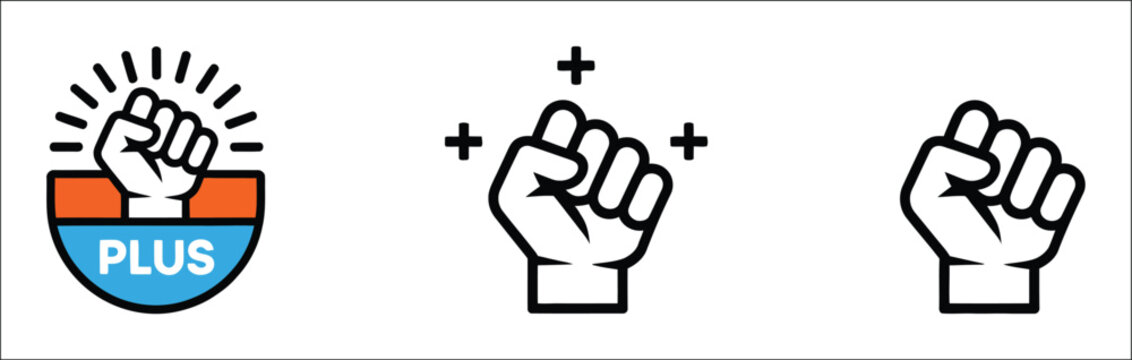 Raised fist plus icon set, power strength unity protest and support symbols, minimal black and white outline designs, solidarity vector illustration