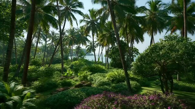 Summer hot vibe lifestyle. A vivid portrayal of a lush tropical garden, bathed in the soft glow of the rising sun. Tall, slender palm trees stand tall, their fronds swaying gently in the breeze.