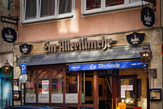 Cologne, Germany August 24 2026: Exterior view of the historic pub Em Altert&uuml;mche in Cologne in late August. Classic local pub front featuring Gaffel Koelsch branding and lanterns
