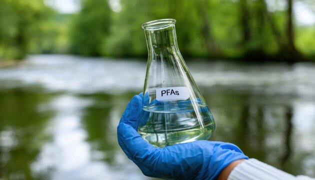 Hand in blue glove holding glass erlenmeyer flask labeled pfas near river water