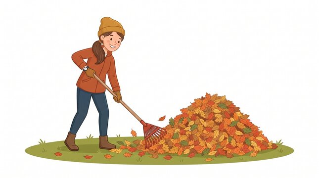 A person raking a large pile of colorful autumn leaves in a park, dressed in warm clothing