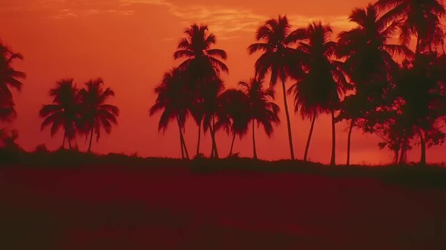 Summer hot vibe lifestyle. A vivid depiction of a tropical sunset. The sky is painted in a gradient of warm hues, transitioning from deep red at the top to fiery orange near the horizon. Tall.