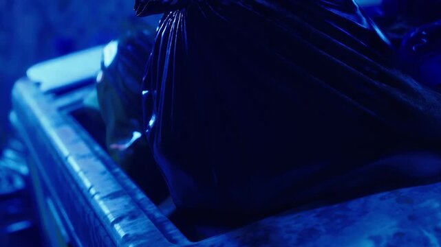 A group of black trash bags fills a dumpster at night on a city street. The area is dimly lit with blue tones. The bags are tightly packed and not visibly overflowing.