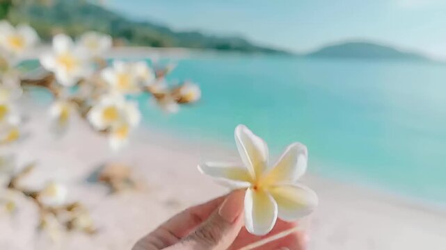 Summer hot vibe lifestyle. A closeup of a hand holding a white and yellow frangipani flower against a serene beach backdrop. The hands fingers are gently curled around the flower.