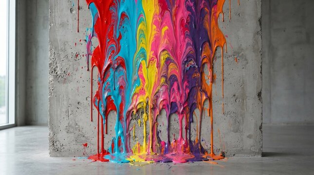 Vibrant paint colors cascading down a concrete wall creating abstract patterns