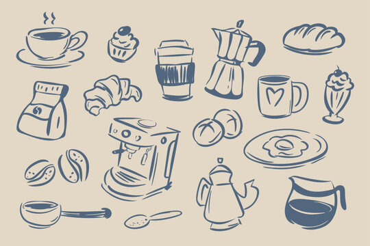 Hand drawn coffee, pastry, and breakfast doodle vector set. Cozy cafe elements sketch illustration isolated on background