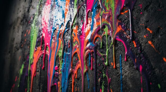 Vibrant paint dripping down dark textured surface abstract art