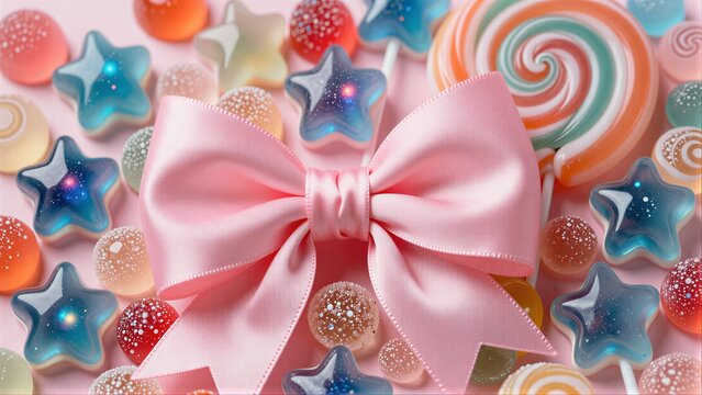 Pink bow centerpiece among colorful, star-shaped candies and swirl lollipops.